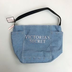 VICTORIA'S SECRET Washed Denim Tote Bag NWT $58 Rose Gold Studded Lined Beach